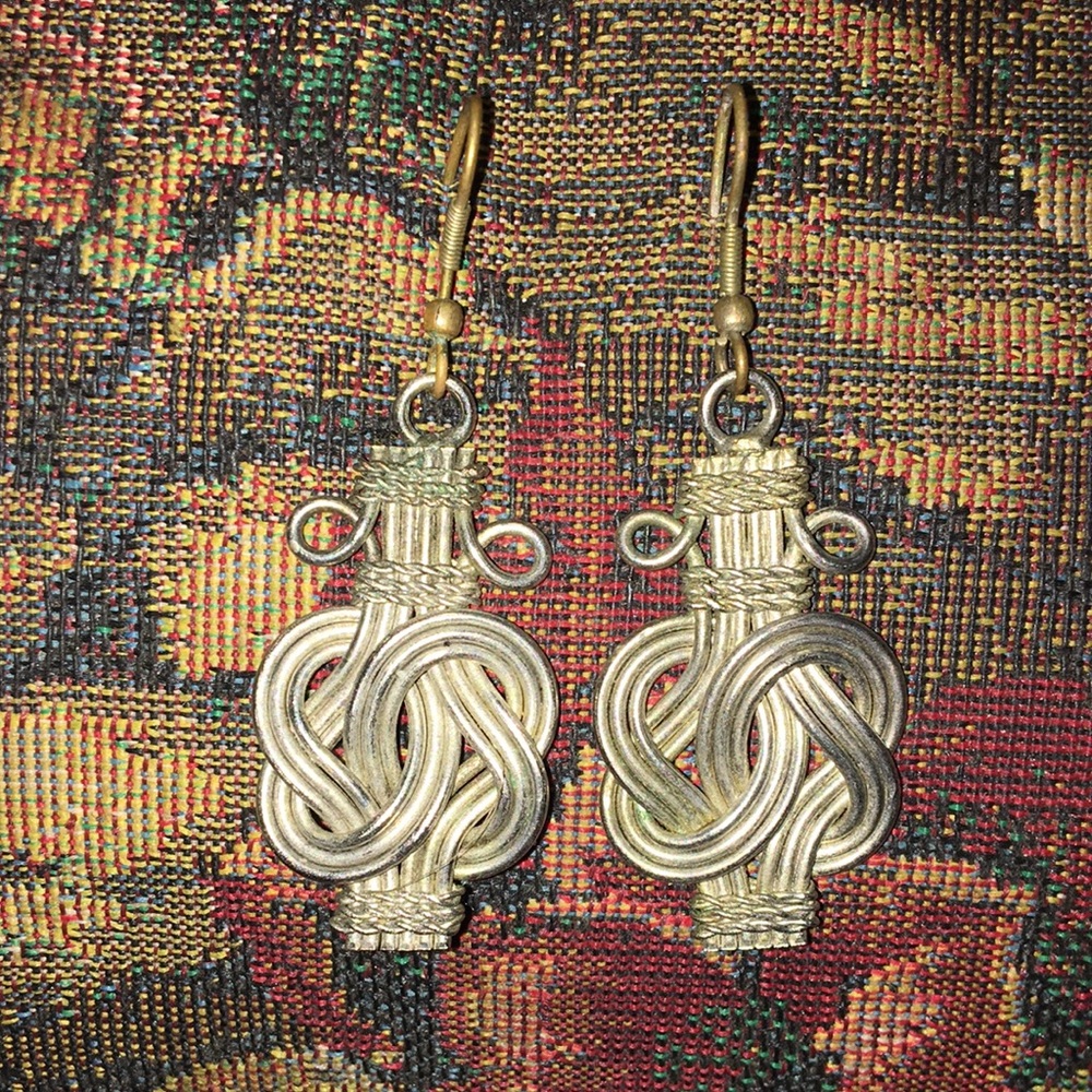 VTG Sterling Silver Tarnished Handcrafted Buddha Knot Earrings 2 1/4” long